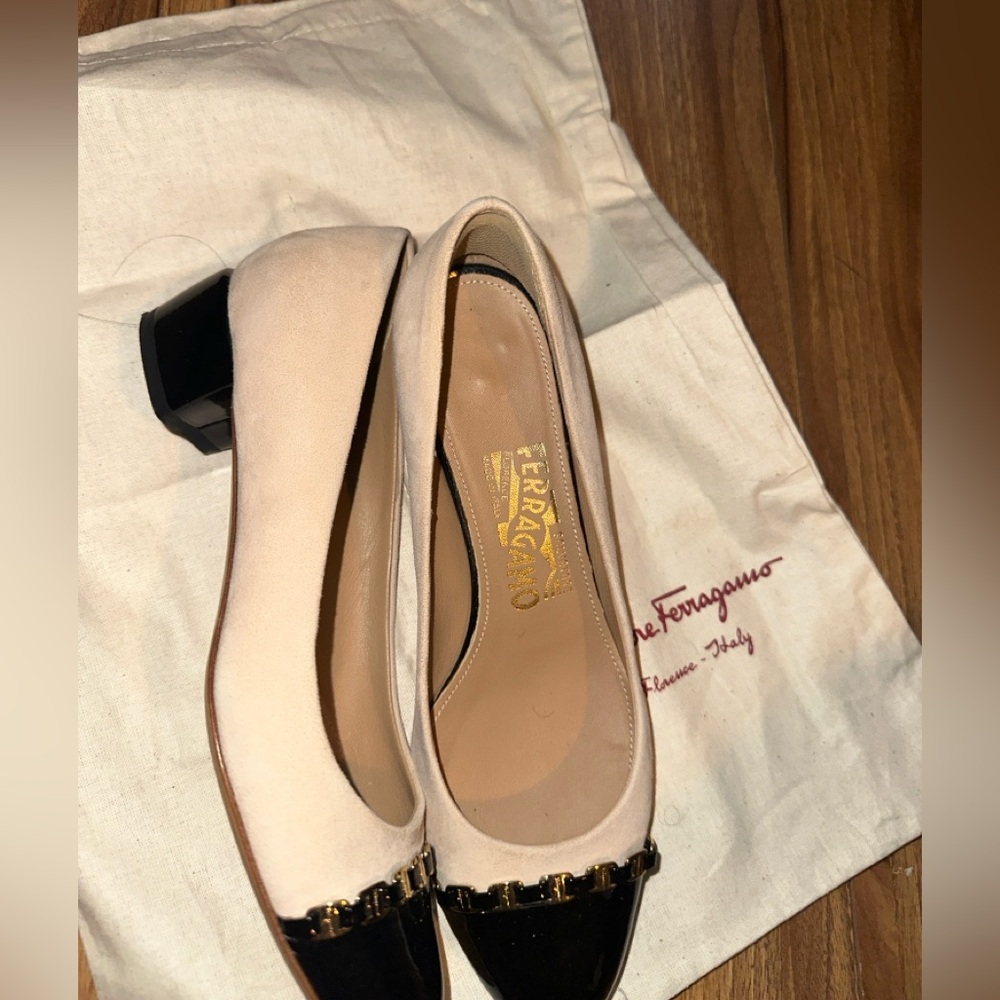 Salvatore Ferragamo Cream and Black Heels